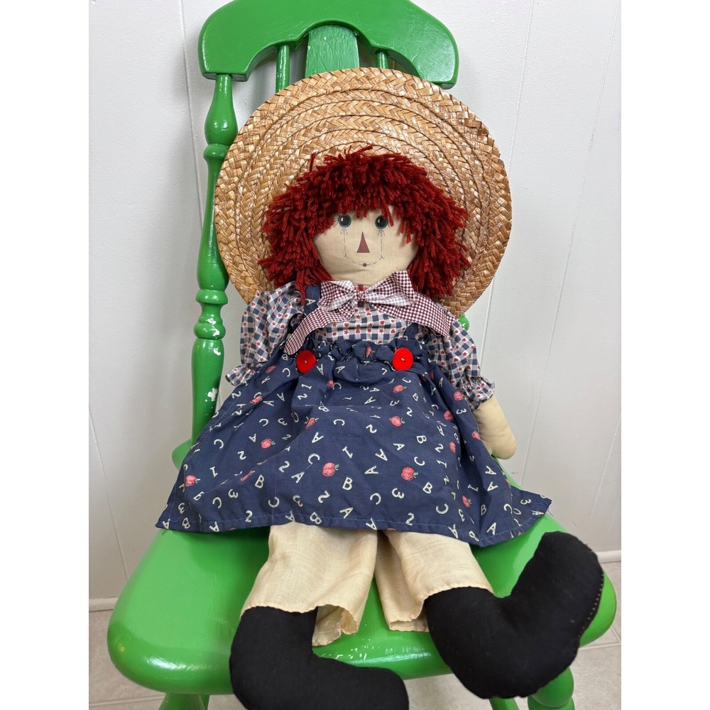 Vintage Handmade Rag Doll Country-core Decor Straw Hat ABC Dress 28"Decor‎